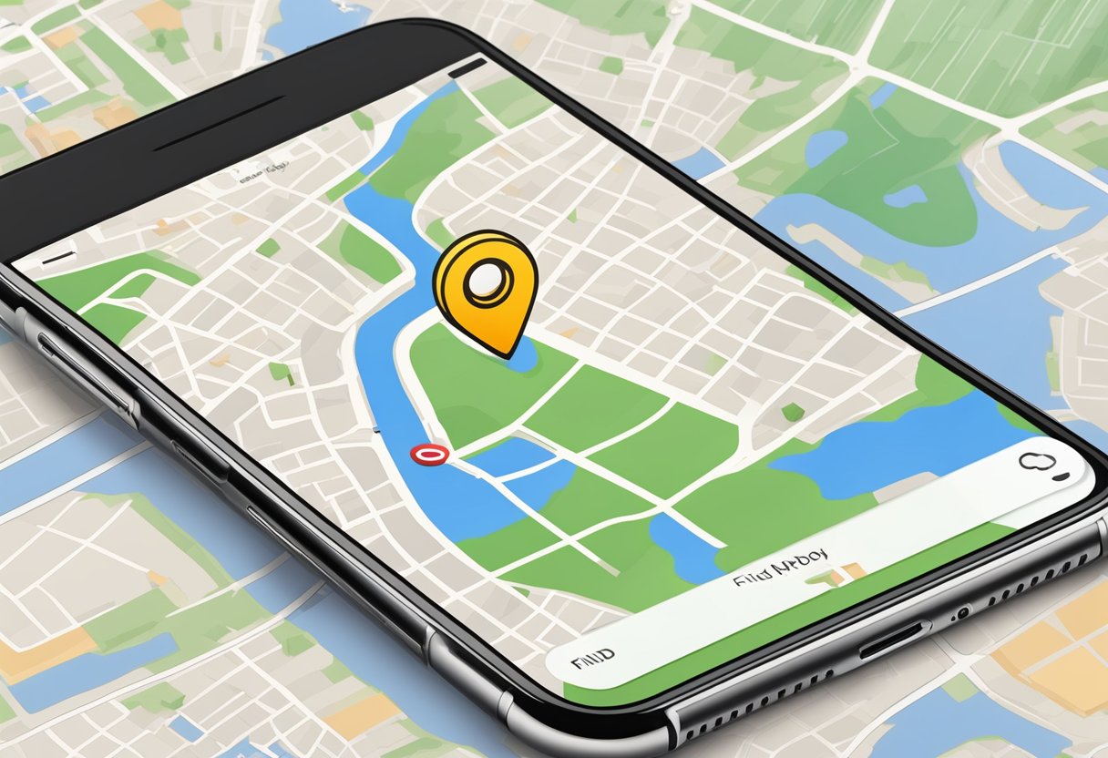 An iPhone with the "Find My iPhone" app open, showing a map with a pinpoint location and security settings