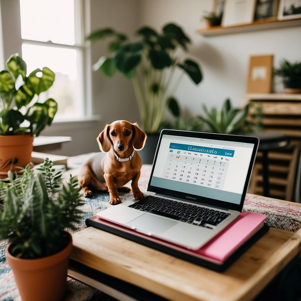 A tan dachshund sits on a cozy rug surrounded by colorful notebooks, a calendar, and a laptop. The room is filled with natural light and plants, creating a peaceful and organized atmosphere