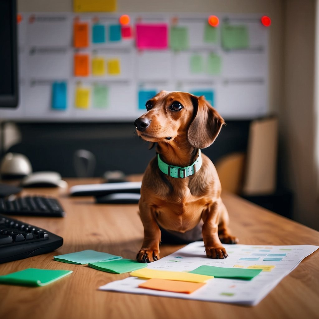 A tan dachshund sits calmly next to a neatly organized content calendar, with various colored markers and sticky notes arranged around it