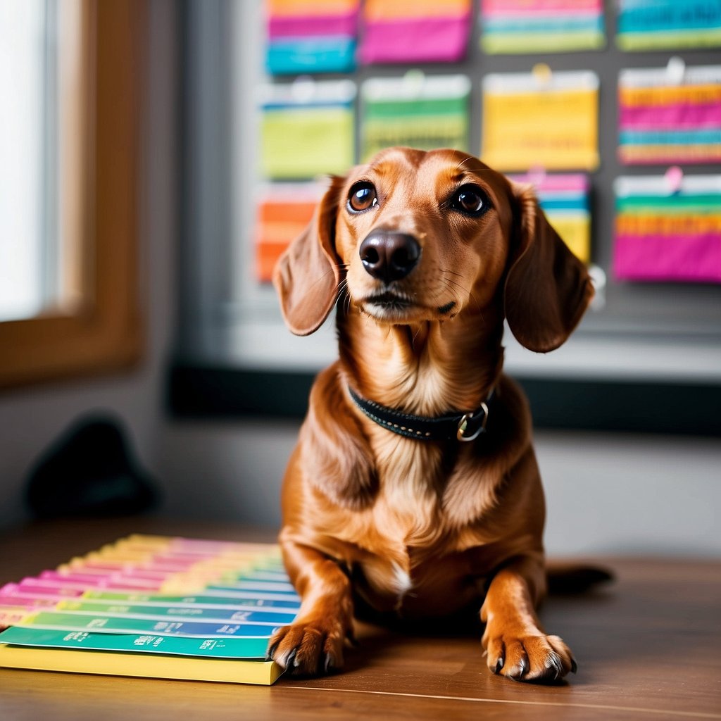 A tan dachshund sits beside a neatly organized content calendar, surrounded by colorful markers and sticky notes. The calendar is filled with scheduled posts and content ideas, creating a visually appealing and organized scene