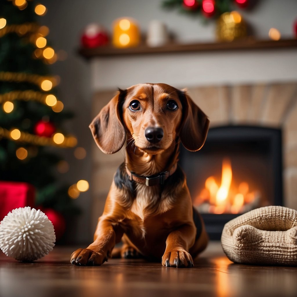 A tan Dachshund sits by a cozy fireplace, surrounded by dog toys and treats. A content calendar is displayed on the wall, filled with dog-focused topics