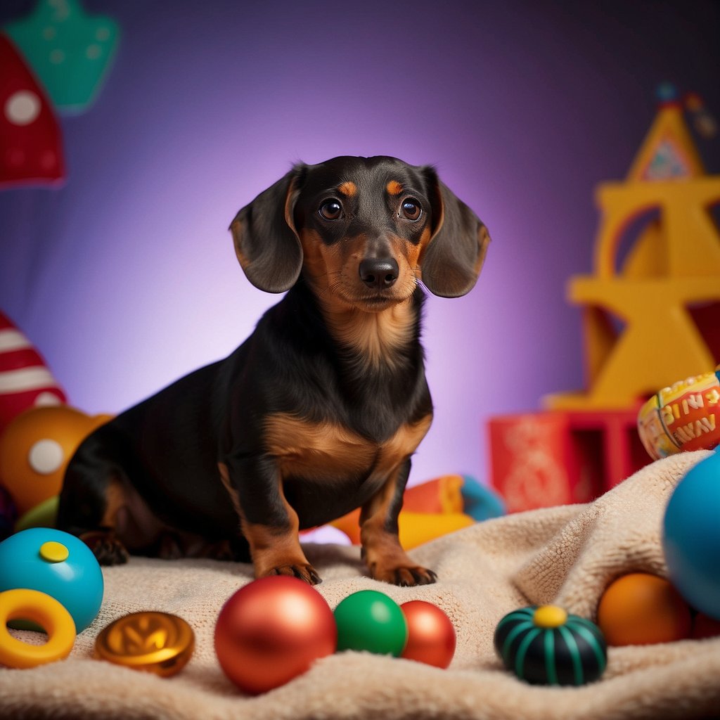 A tan dachshund sits on a cozy blanket surrounded by colorful toys and treats, with a content calendar and pen nearby