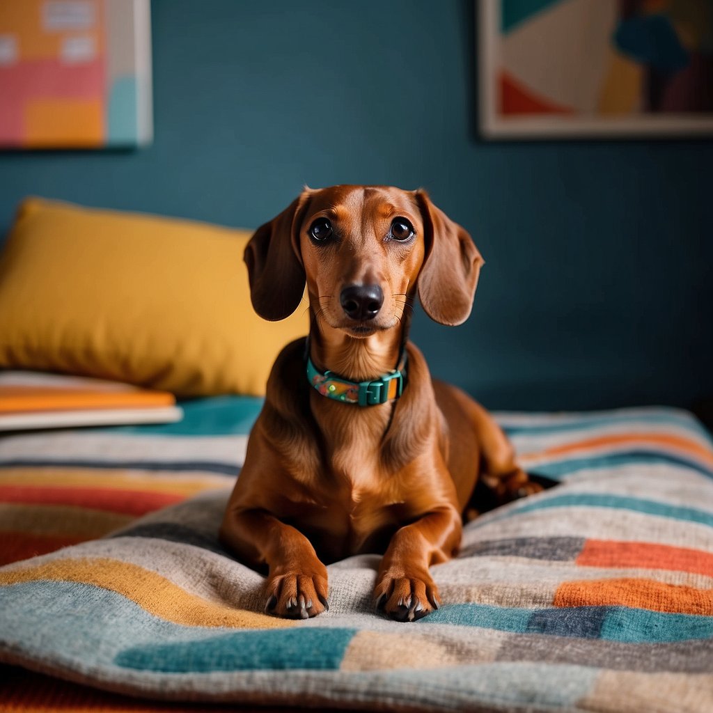 A tan dachshund sits on a cozy blanket surrounded by colorful branding materials and a content calendar. The dog looks content and relaxed, with a playful expression on its face