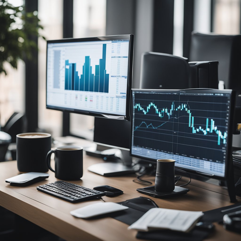 A computer screen displays stock charts and trading tools. A cup of coffee sits nearby. The room is quiet and well-lit