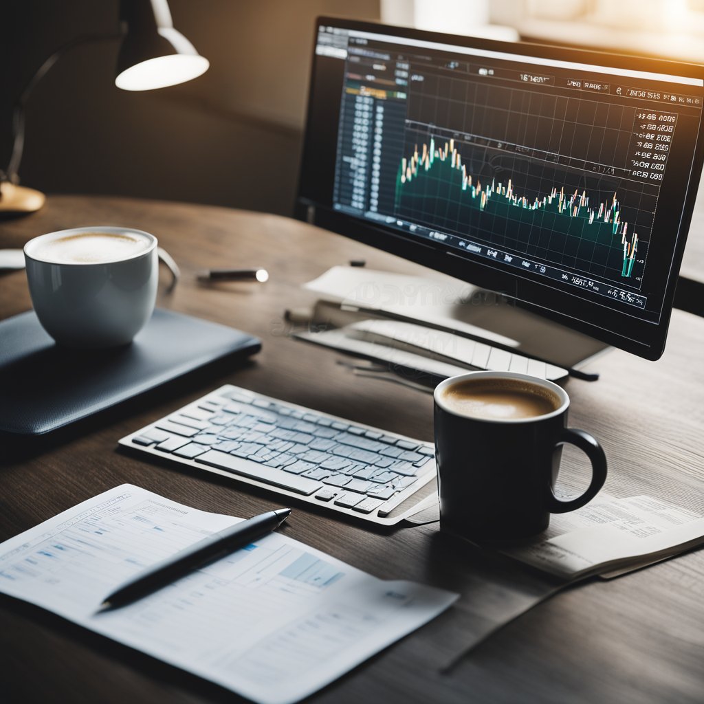 A computer screen displaying stock charts, a desk with a notebook and pen, and a cup of coffee