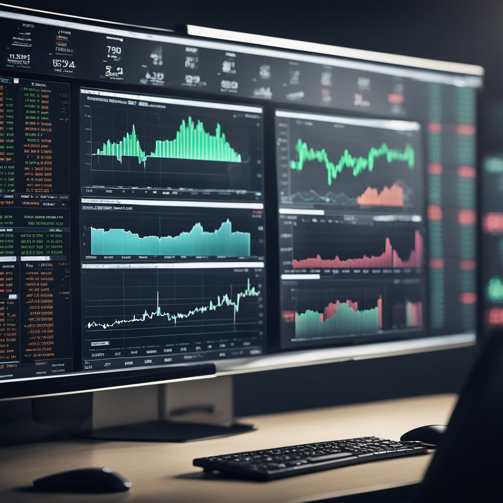 A computer screen displaying stock charts and financial data, with a mouse cursor clicking on buy and sell buttons. Multiple monitors showing real-time market information