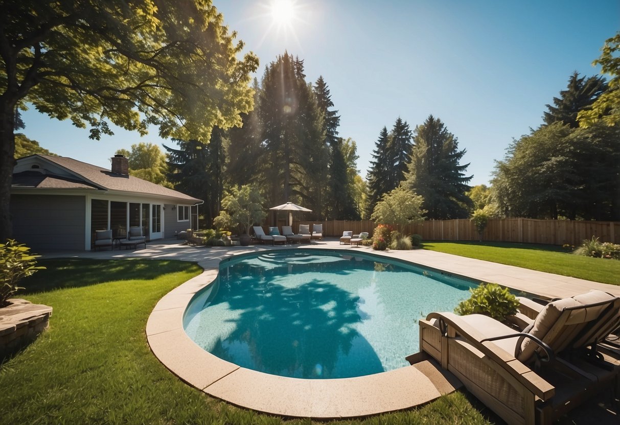 A sunny backyard with a spacious area marked for an in-ground pool. Surrounding trees and a clear blue sky provide a tranquil setting for construction