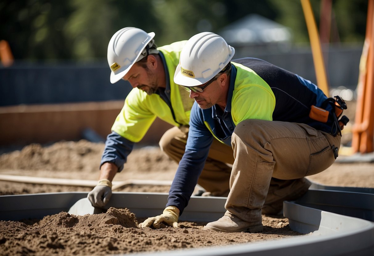 A construction crew digs and levels the ground, installs a pool liner, plumbing, and electrical systems, and pours concrete for the pool deck in Atlanta