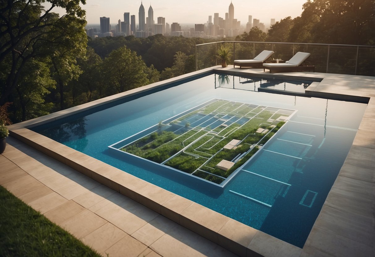 A blueprint of an in-ground pool with cost estimation and maintenance plans, surrounded by Atlanta's skyline and lush greenery