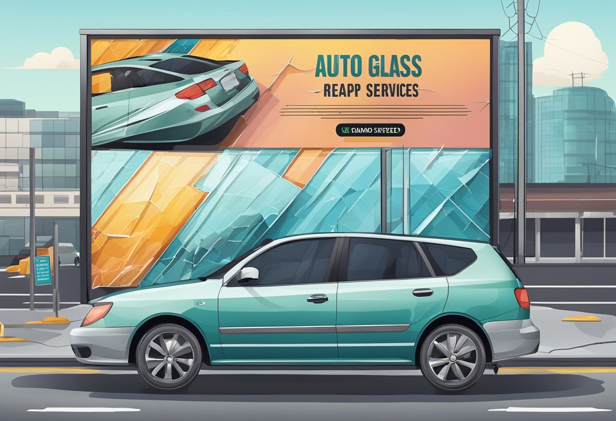 A car with a cracked windshield parked in front of a billboard advertising auto glass repair services