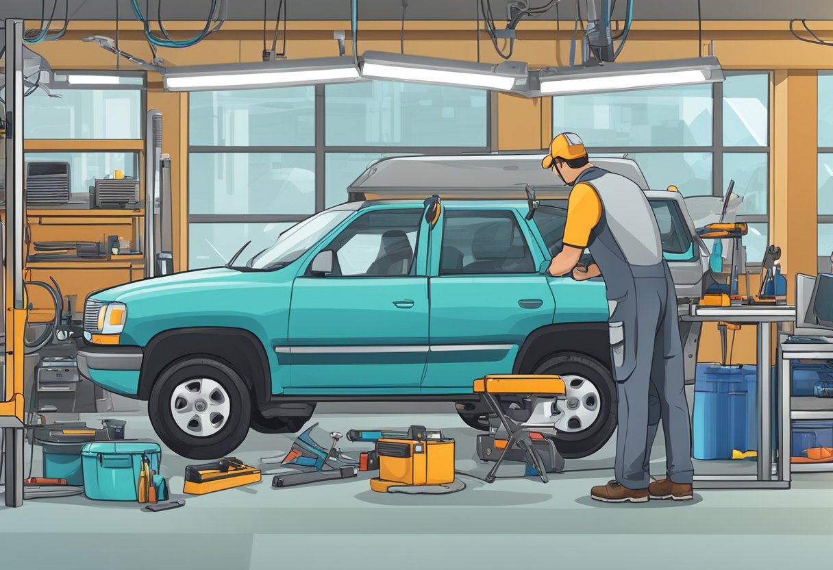 A technician working on a windshield repair or replacement, surrounded by tools, a vehicle, and a computer with Auto Glass PPC displayed on the screen