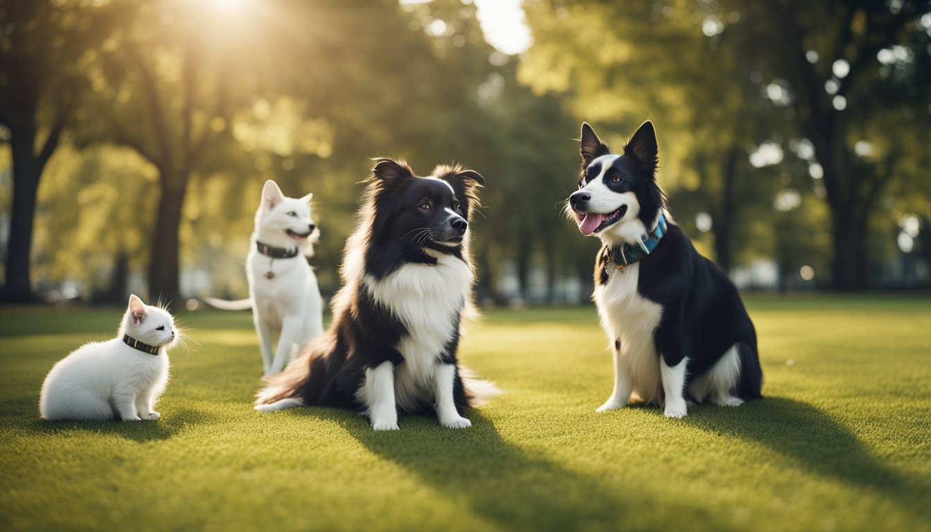 A group of pets gather in a park, each with their own unique collar or tag. They play and interact while their owners chat in the background