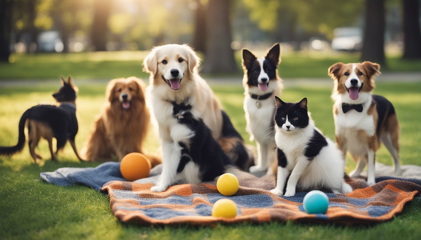 A group of pets gather in a park, some playing with toys, others lounging on blankets. Owners chat as dogs chase frisbees and cats explore