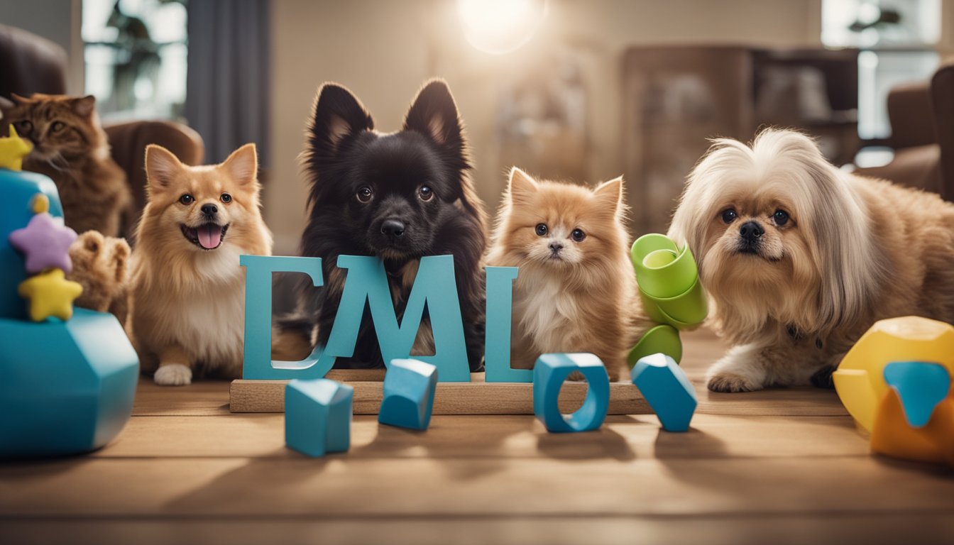 A group of pets of different species gather around a sign that reads "Membership Management Pet Club," with a variety of toys and treats scattered around them