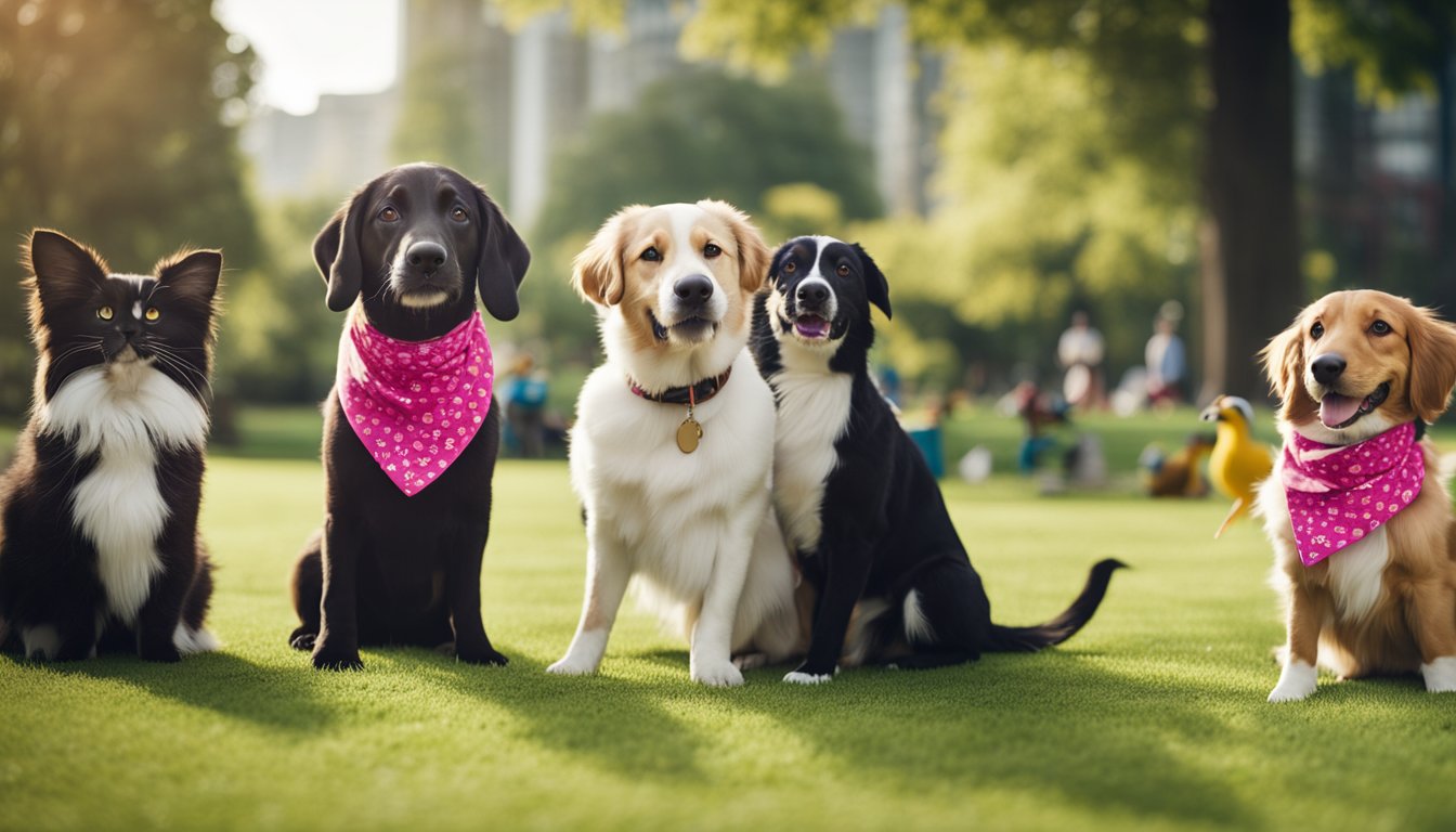 A group of happy pets, including dogs, cats, birds, and rabbits, gather together in a park, wearing colorful bandanas with the words "Pet Club" on them. They are playing and interacting with each other, while a banner in the