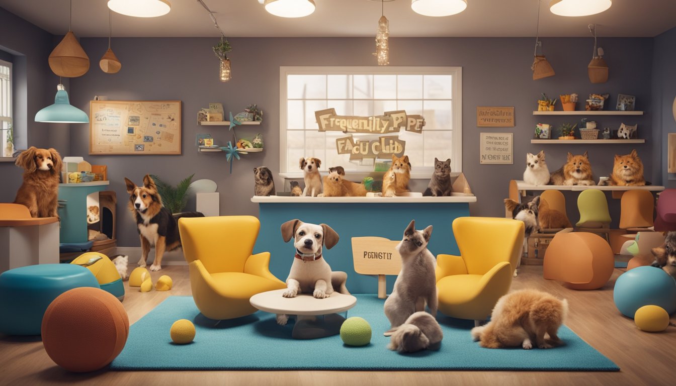 Animals gather in a cozy pet club space, with a sign reading "Frequently Asked Questions Pet Club" on the wall. Toys and treats are scattered around, and pets of various species mingle happily