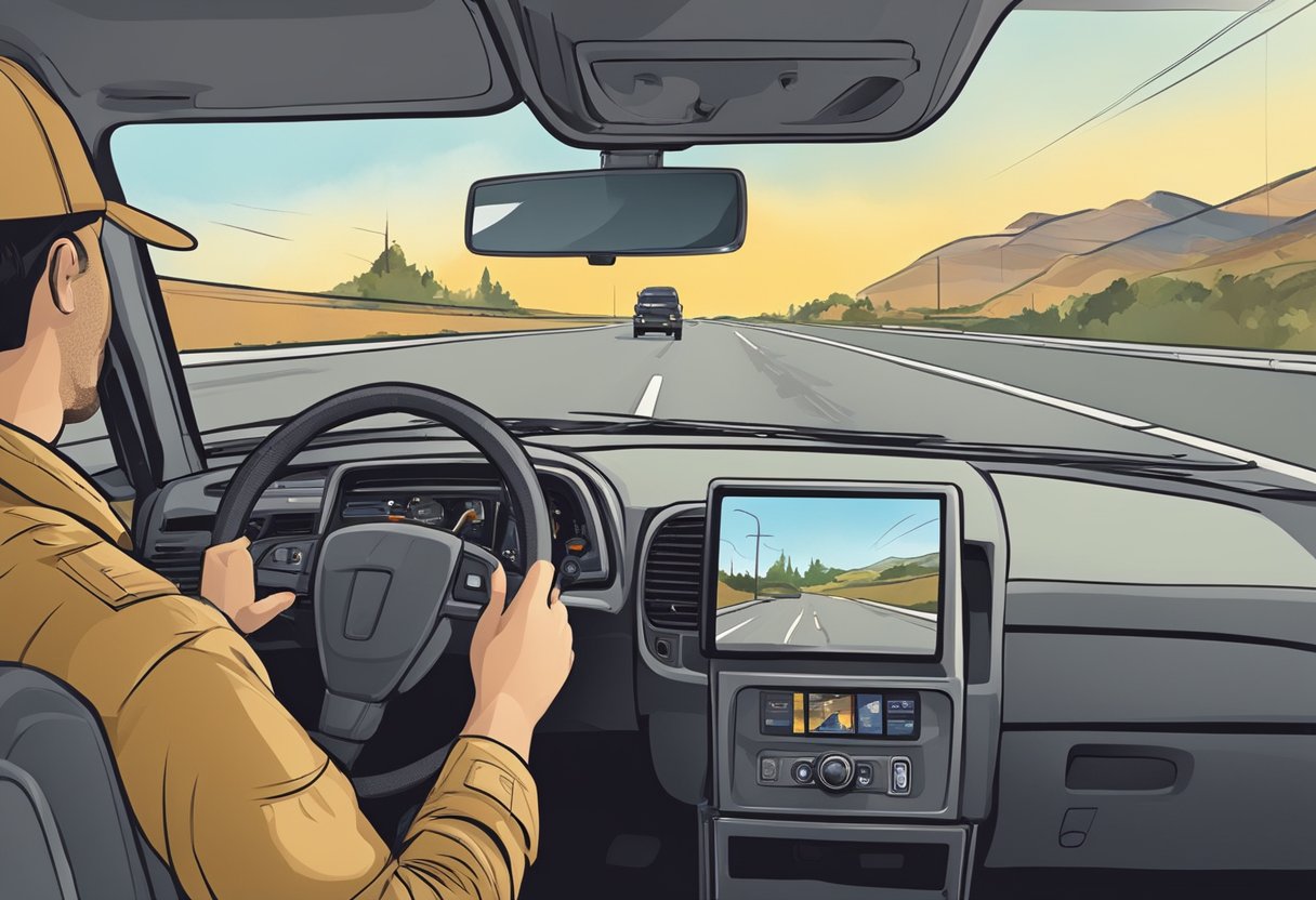 A trucker sets up a dash cam in their vehicle, ensuring it is positioned to capture the road ahead. The camera is mounted securely and the trucker checks that it is functioning properly