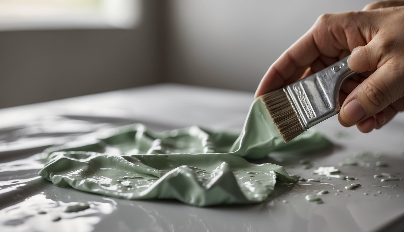 A hand holding a paint scraper, a can of paint thinner, and a rag on a drop cloth next to a painted surface