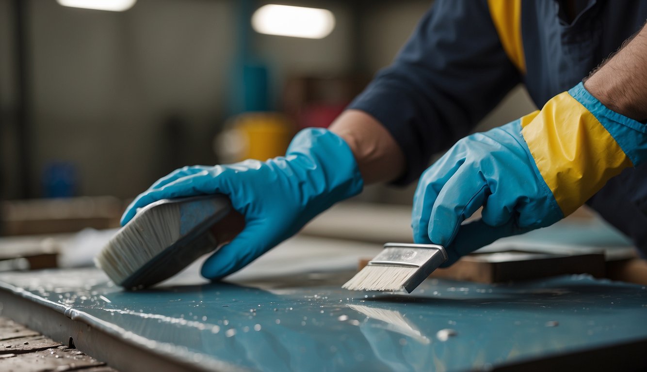 A gloved hand holds a paint scraper, while a cloth and solvent sit nearby. A surface with peeling paint is shown