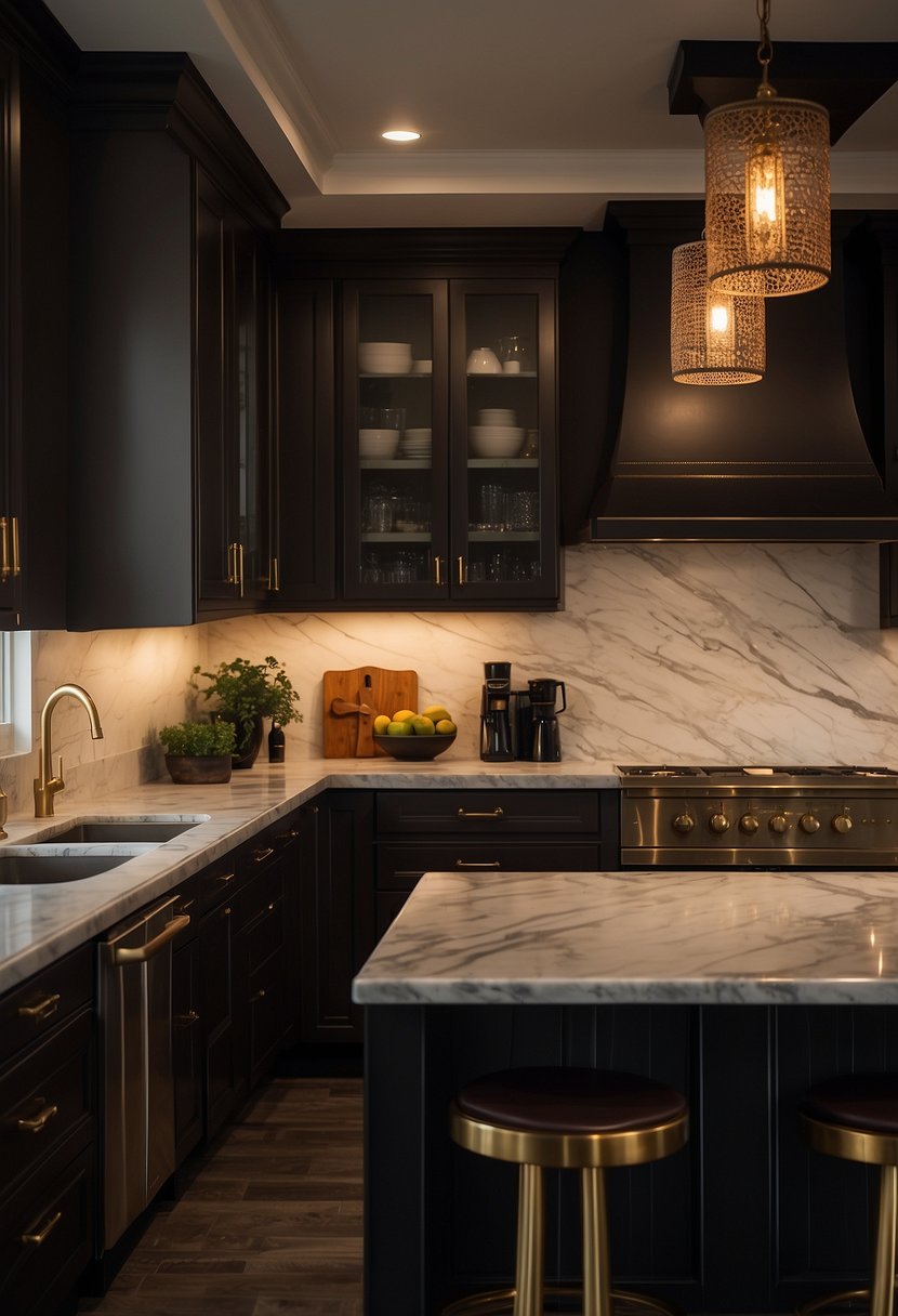 A dimly lit kitchen with rich, deep colors and vintage accents. Dark wood cabinets, marble countertops, and brass fixtures create a timeless, moody atmosphere