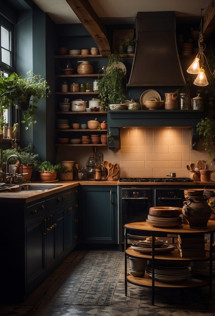 A dimly lit kitchen with rich, deep color palettes, vintage cookware, and classic books lining the shelves. A cozy, timeless atmosphere permeates the space