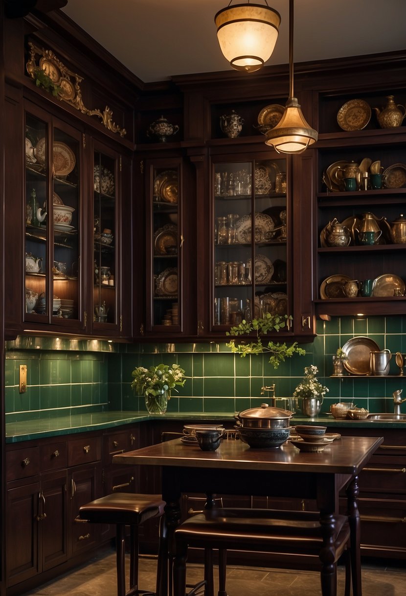 The kitchen is bathed in rich, dark hues of mahogany, deep green, and burgundy. Dim lighting creates a moody, timeless atmosphere. Vintage books and ornate tableware adorn the shelves, adding to the scholarly ambiance