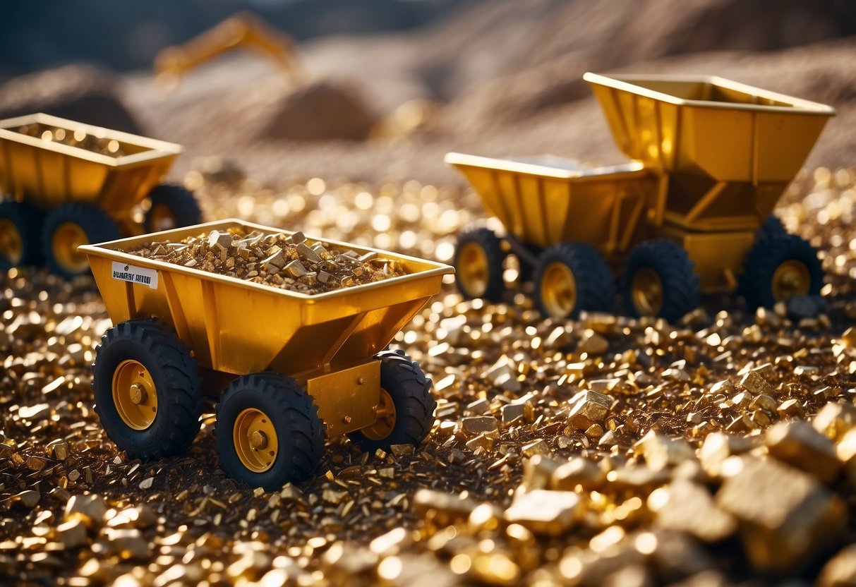 The goldmine glitters in the sunlight, surrounded by rugged terrain and heavy machinery. Ore carts and pickaxes litter the area, hinting at the hard work of the miners