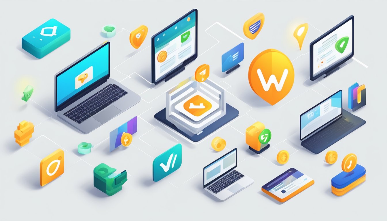A digital marketplace logo with a checkmark symbol, surrounded by positive reviews and secure payment icons