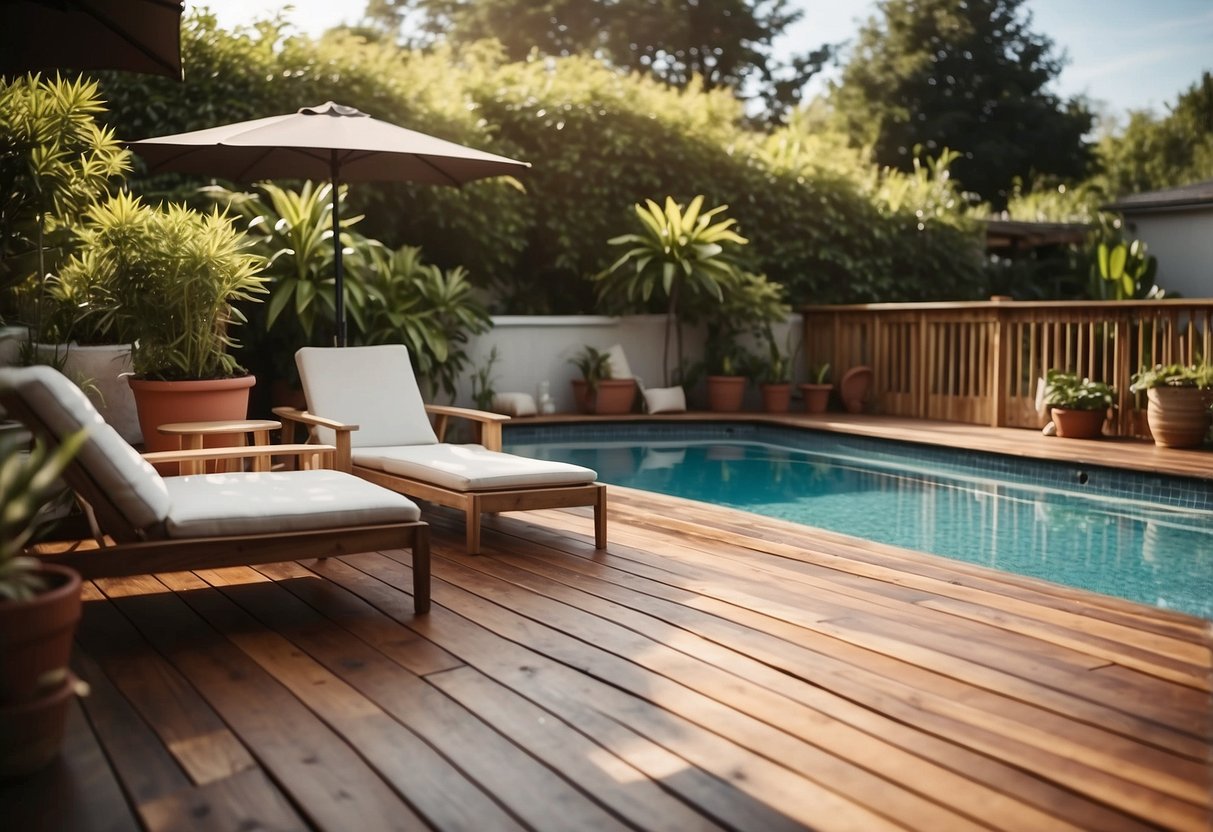 A wooden deck surrounds an above-ground pool, with a ladder leading into the water. The deck is made of durable, weather-resistant materials, and is adorned with comfortable lounge chairs and potted plants for a relaxing atmosphere