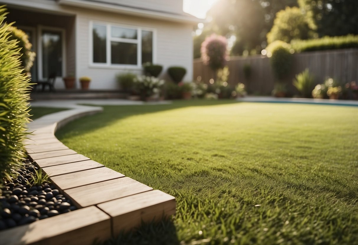 A suburban backyard with a level, grassy surface and ample sunlight. A fence provides privacy, and nearby access to water and electricity for the pool