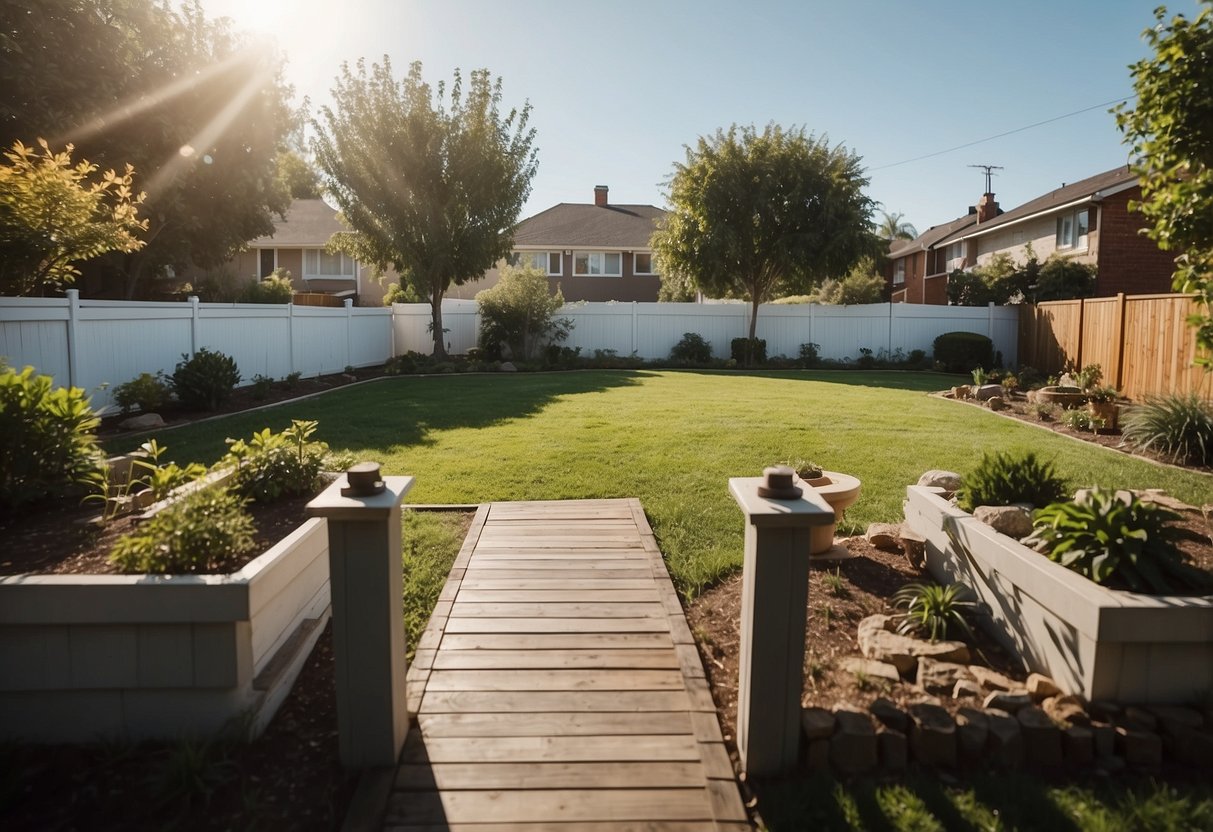 A suburban backyard with level ground and ample sunlight, surrounded by a fence for privacy, and with easy access to water and electricity