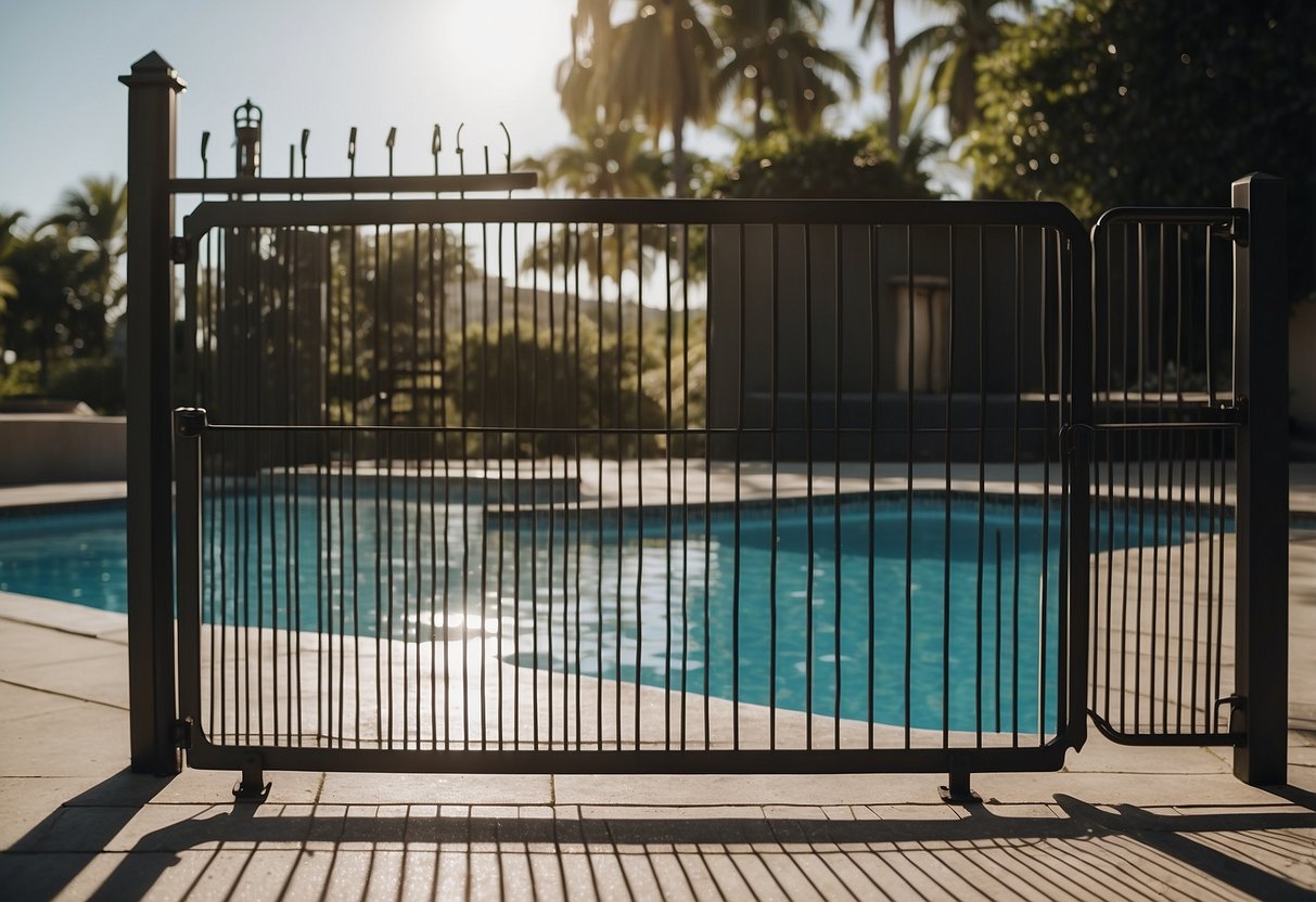 A fence surrounds the pool area, with a locked gate. A safety ladder is securely attached to the pool wall, and a non-slip mat is placed by the pool entrance