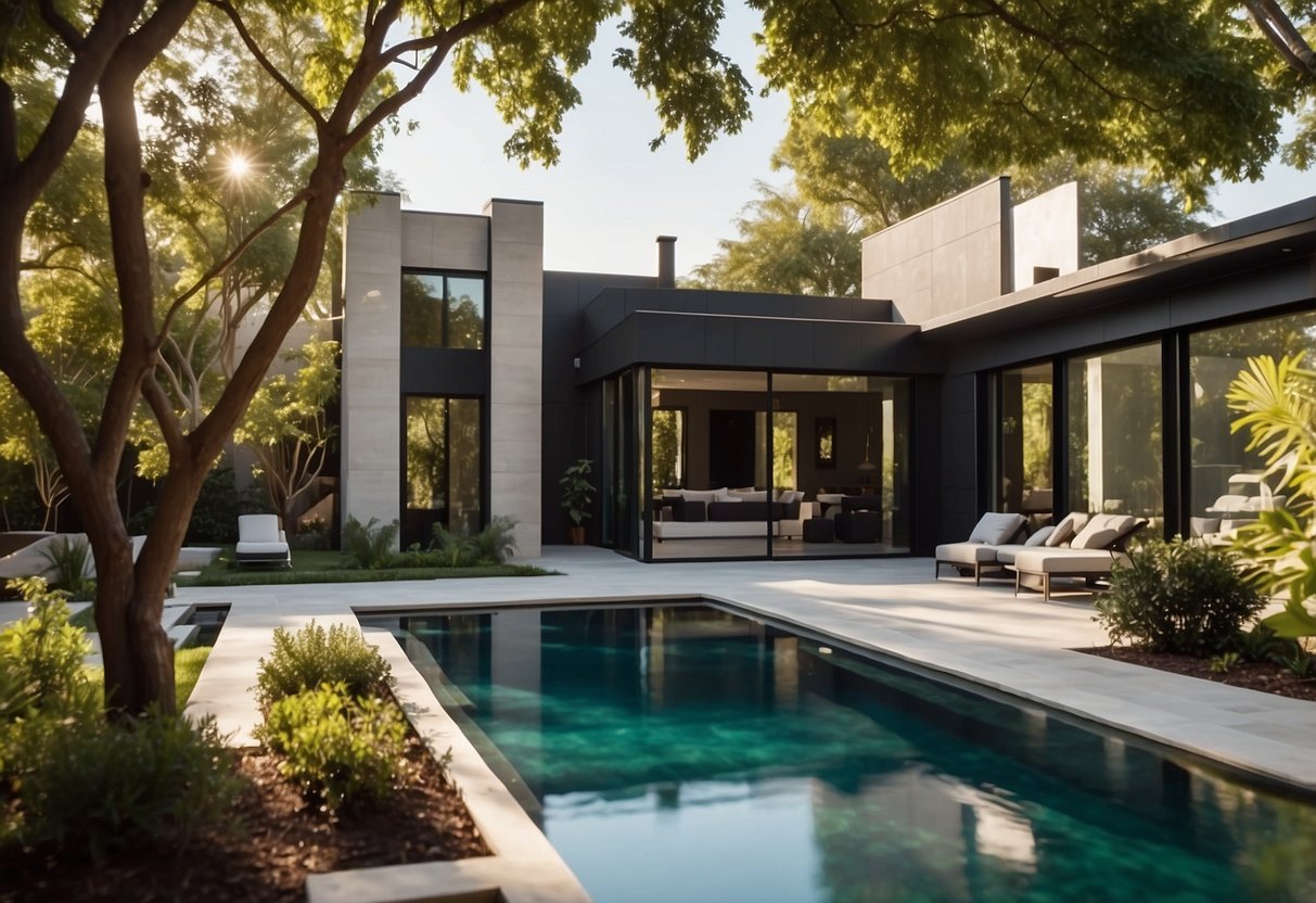 A spacious backyard with lush landscaping and a modern, geometric pool design. The pool features a sleek, infinity edge and integrated seating areas. Surrounding the pool are cozy lounging areas and a pergola for shade