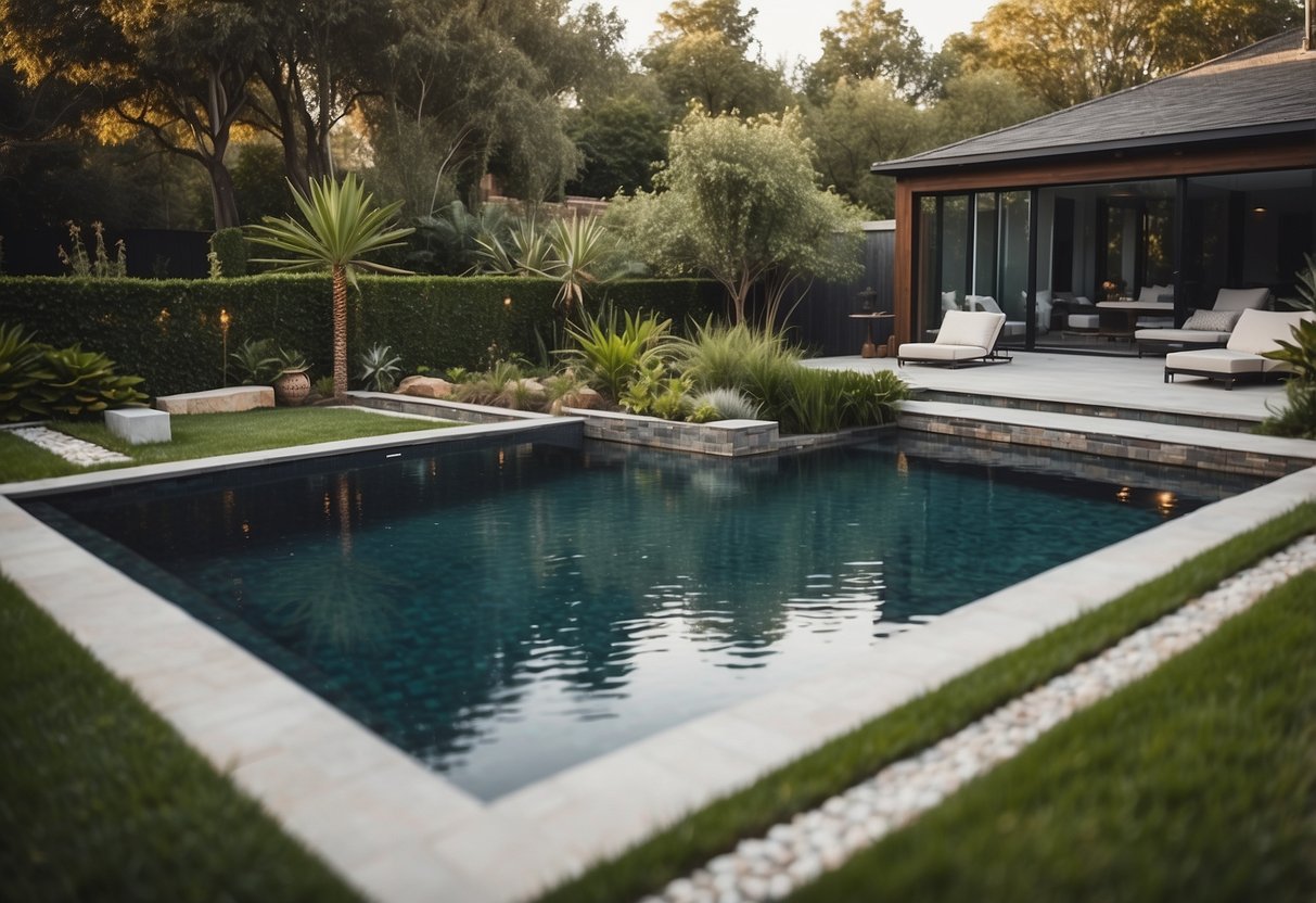 A backyard with ample space, surrounded by lush greenery and a clear view of the sky. A modern, geometric pool design with clean lines and luxurious features, such as a built-in spa and elegant water features