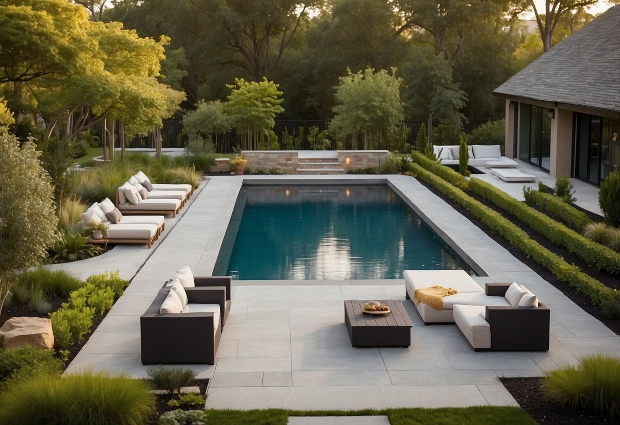 A spacious backyard with a custom-designed pool, surrounded by lush landscaping and modern outdoor furniture. The pool features a sleek, geometric shape and incorporates practical elements such as built-in seating and a shallow wading area