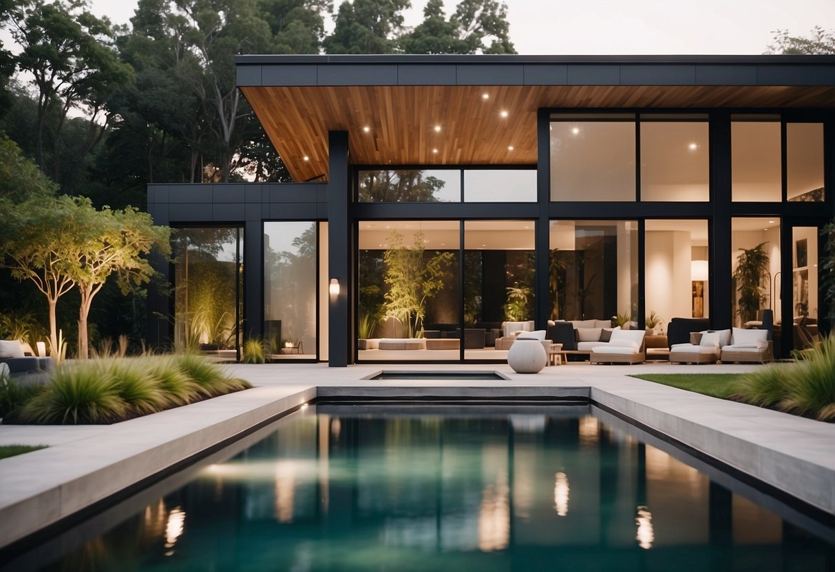 A modern, geometric pool design with sleek lines and a custom water feature, surrounded by lush landscaping and a spacious outdoor living area