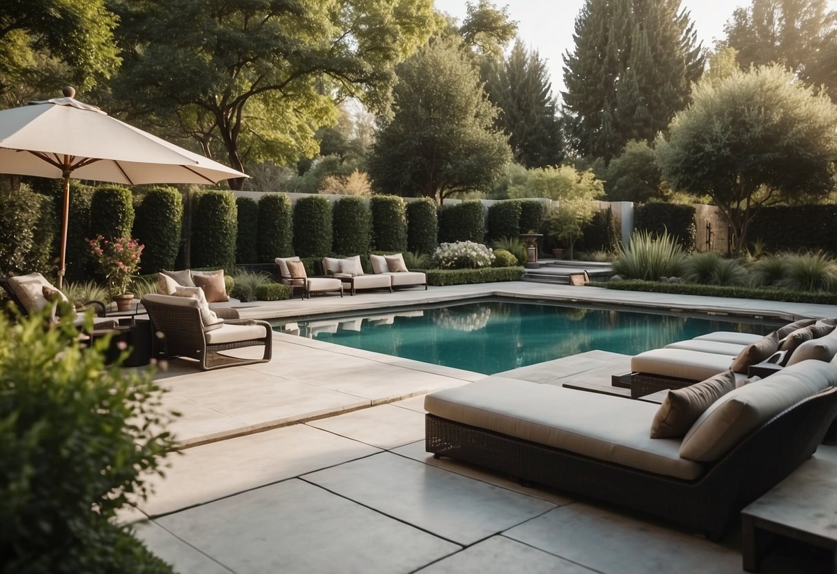 A spacious backyard with a modern, geometric pool design surrounded by lush landscaping and elegant outdoor furniture