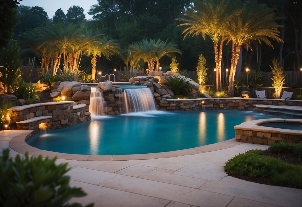 A custom pool with built-in water slide, waterfall, and underwater seating area, surrounded by lush landscaping and outdoor lighting