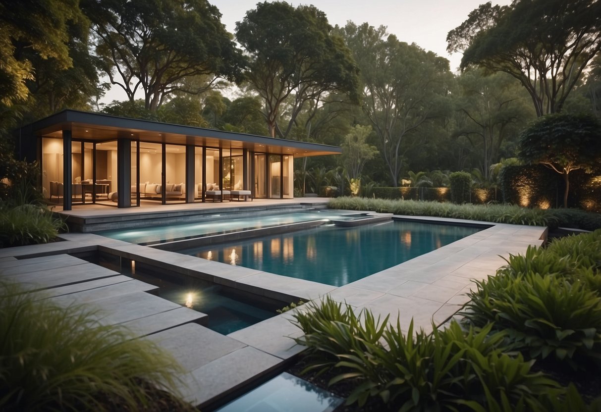 A modern, sleek custom pool with integrated water features, LED lighting, and a surrounding landscape of lush greenery and elegant hardscaping