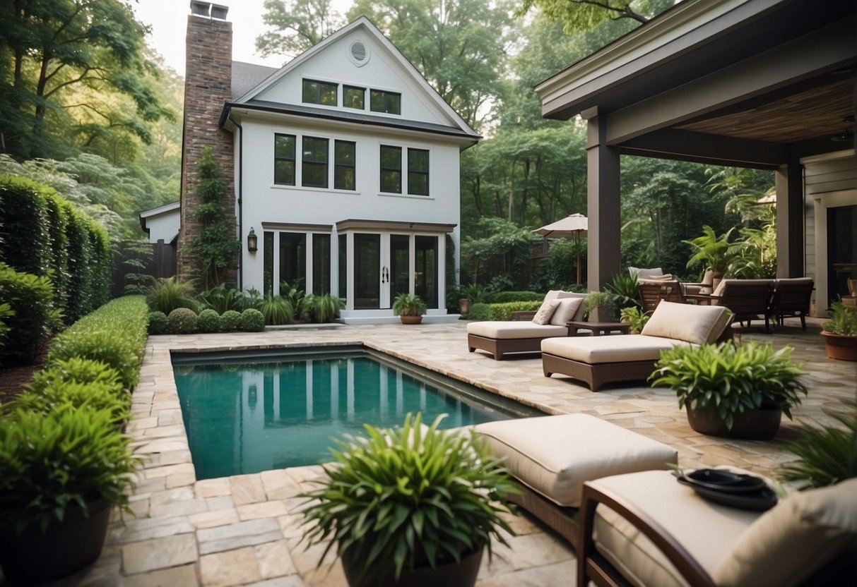 A small backyard with a custom-built pool surrounded by lush greenery and modern outdoor furniture in Atlanta