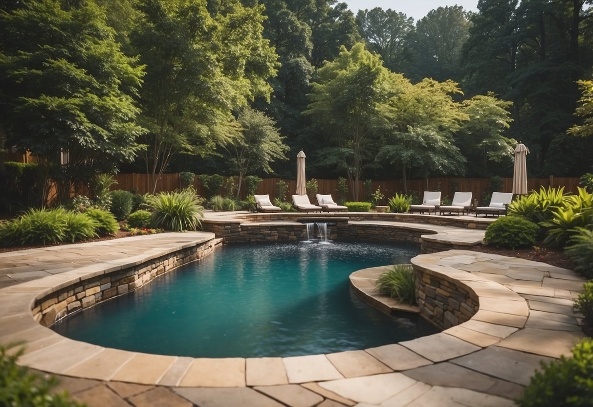 A small backyard with a custom-designed pool nestled among strategically placed landscaping and features, creating a luxurious oasis in the heart of Atlanta