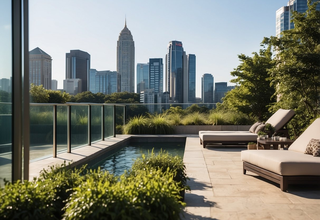 A small pool with geometric design, surrounded by lush greenery and modern seating, set against a backdrop of Atlanta's skyline