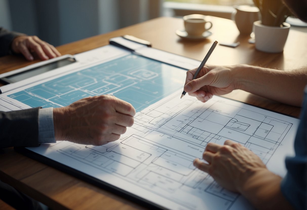 A designer and client discuss pool plans, pointing to blueprints and materials. The designer sketches ideas on a tablet, while the client nods in agreement