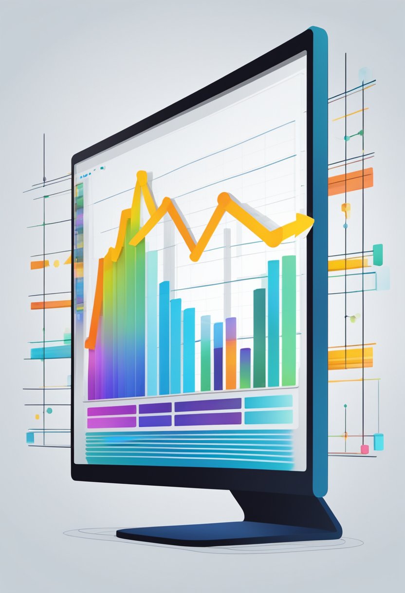 A computer screen displays a graph with rising bars, representing the success of a PPC campaign. A futuristic AI algorithm is depicted analyzing data and making predictions
