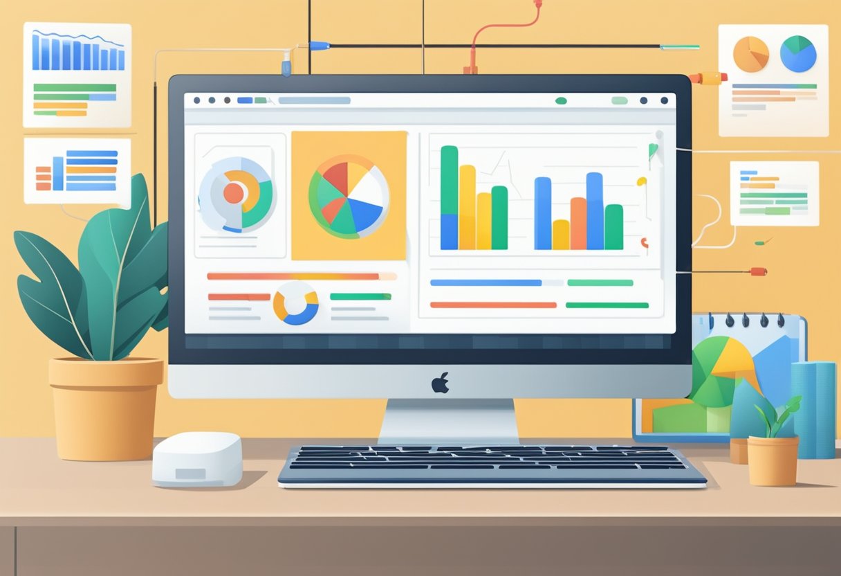 A computer screen displays Google Ads campaign optimization for blog promotion. Charts and graphs show improved performance