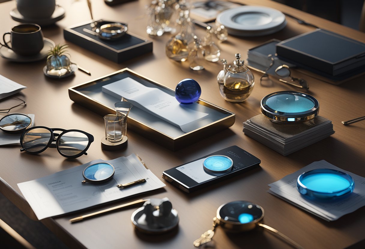 A table with various luxury gadgets spread out for inspection, including magnifying glasses, UV lights, and authenticity certificates