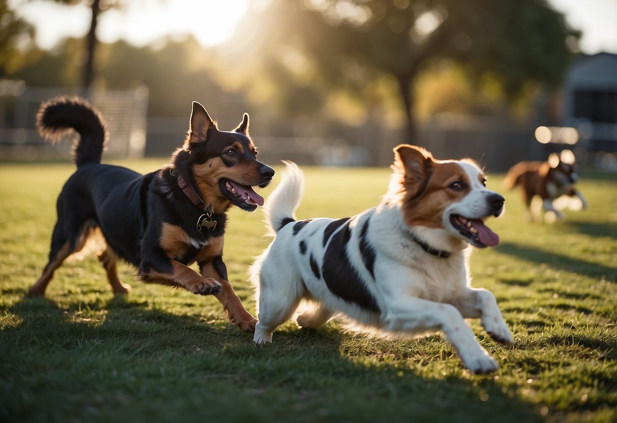 Multiple dogs romp in a spacious backyard dog park, complete with agility equipment, toys, and shaded areas for rest