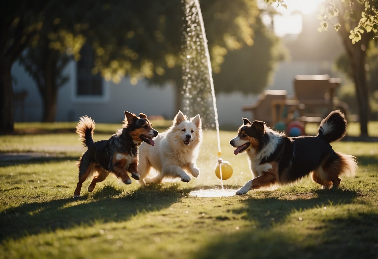 Multiple dogs playing in a spacious, grassy area with various agility equipment and toys scattered around. A water fountain and shady spots provide relief from the sun