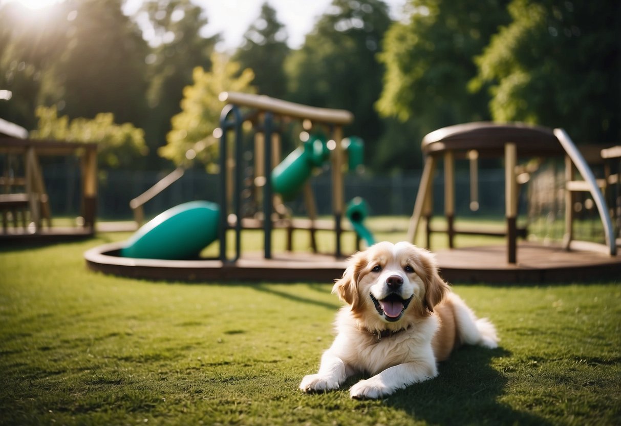 A spacious backyard with lush green grass, a variety of play structures, water features, and plenty of shade for dogs to play and socialize in a home dog park