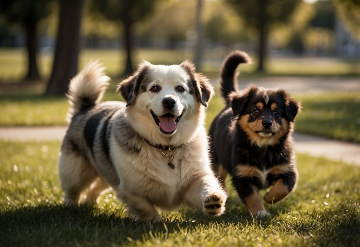 Dogs playing in a spacious, fenced-in area with natural grass, trees, and shade structures. Waste stations and water fountains are strategically placed for convenience